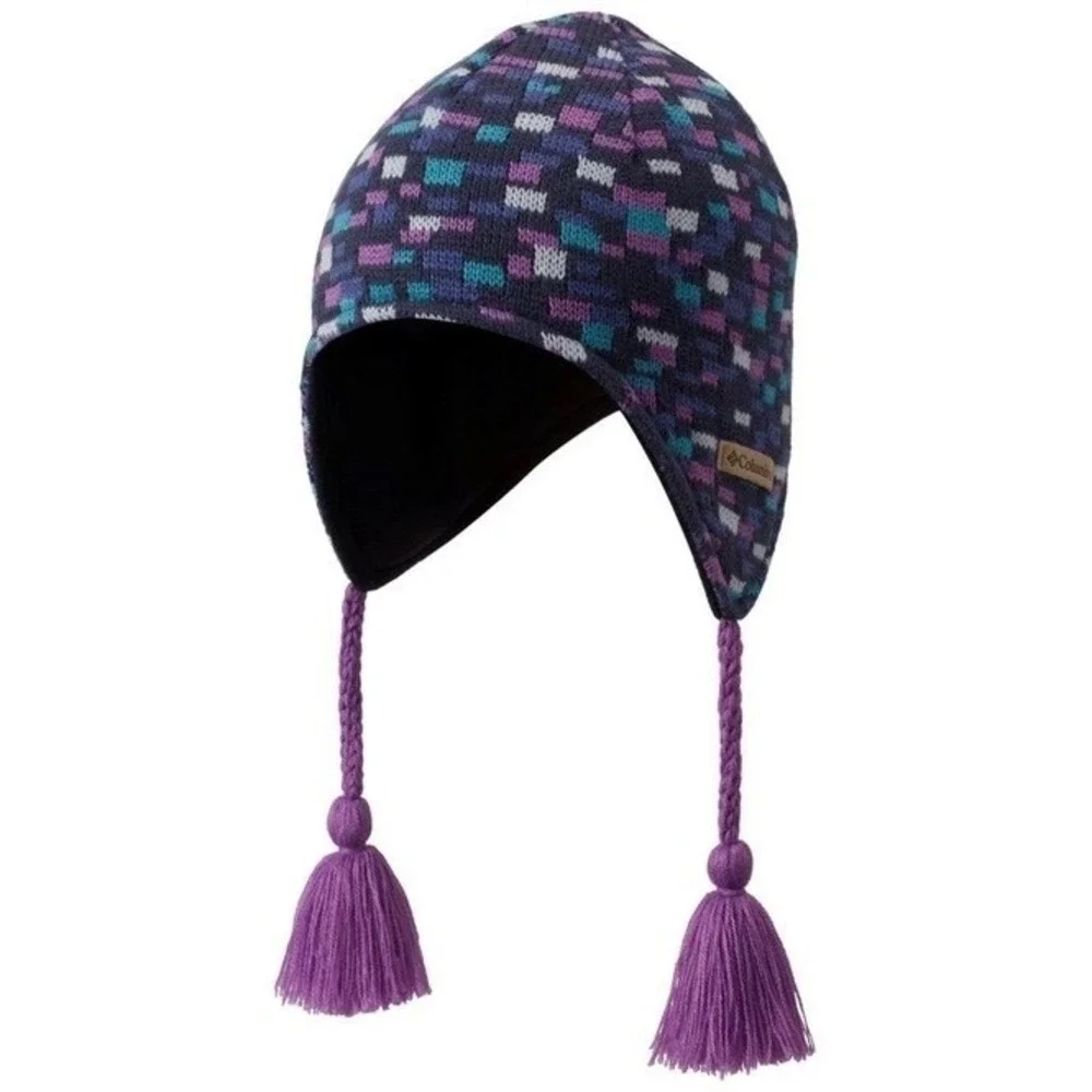 Columbia Youth Omni-Heat Beanie Purple Color Block Tassel Winter Hat Acrylic Ski